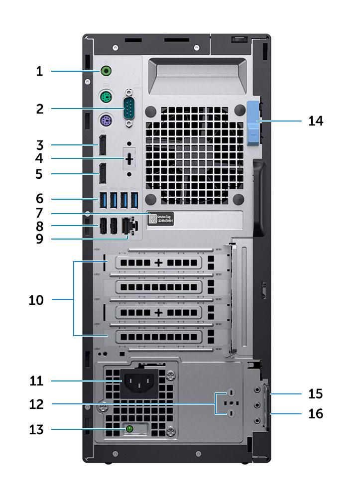 Hátulnézet 1. Vonali hangkimeneti csatlakozó 2. Soros port 3. DisplayPort 4. DisplayPort/HDMI 2.0b/VGA/USB Type-C Alt mód (opcionális) 5. DisplayPort 6. USB 3.1 Gen 1 portok (4) 7. Szervizcímke 8.
