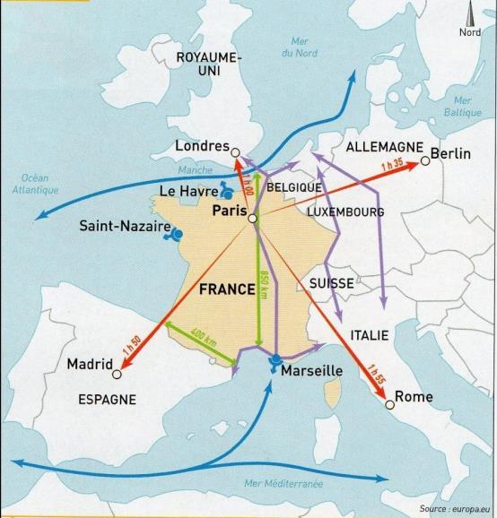 Frañs, ur strizh-douar en Europa Hed etre daou vor Frañs, kroazhent en Europa Aheloù pennañ en Europa Hentad get