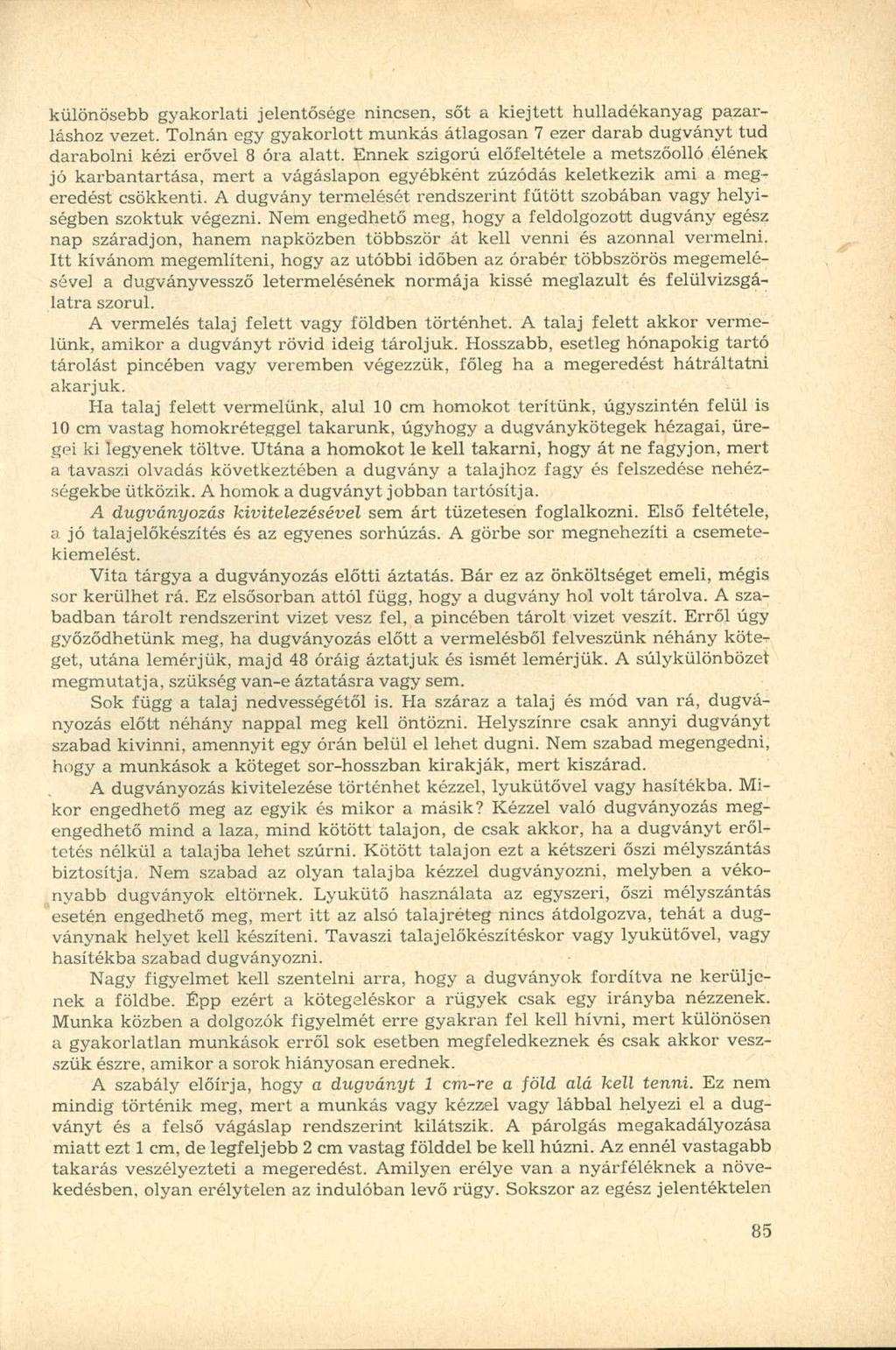 különösebb gyakorlati jelentősége nincsen, sőt a kiejtett hulladékanyag pazarláshoz vezet. Tolnán egy gyakorlott munkás átlagosan 7 ezer darab dugványt tud darabolni kézi erővel 8 óra alatt.