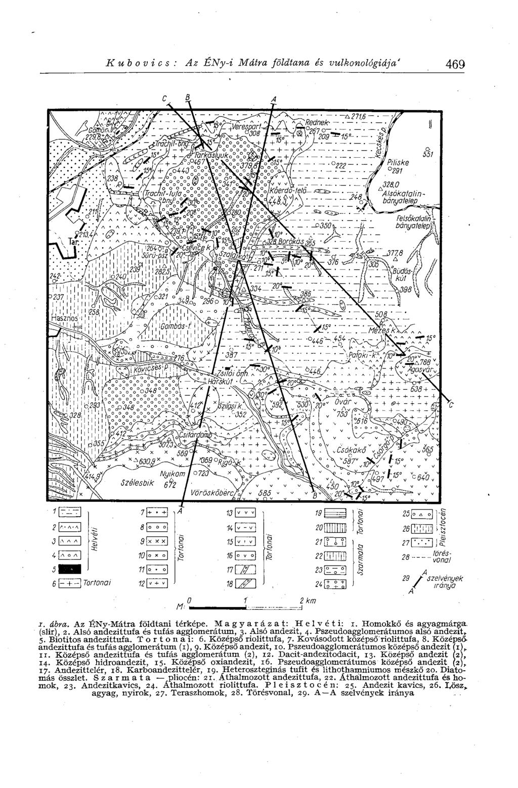 К иъ о V г с s : Az ENy-i Mátra földtana és vulkonológiája' 469 I. ábra. Az ÉNy-Mátra földtani térképe. Magyarázat: Helvéti: i. Homokkő és agyagmárga. (slir), 2.