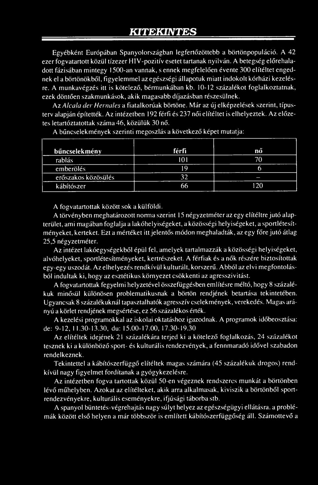 A bűncselekmények szerinti megoszlás a következő képet mutatja: bűncselekmény férfi nő rablás 101 70 emberölés 19 6 erőszakos közösülés 32 - kábítószer 66 120 A fogvatartottak között sok a külföldi.