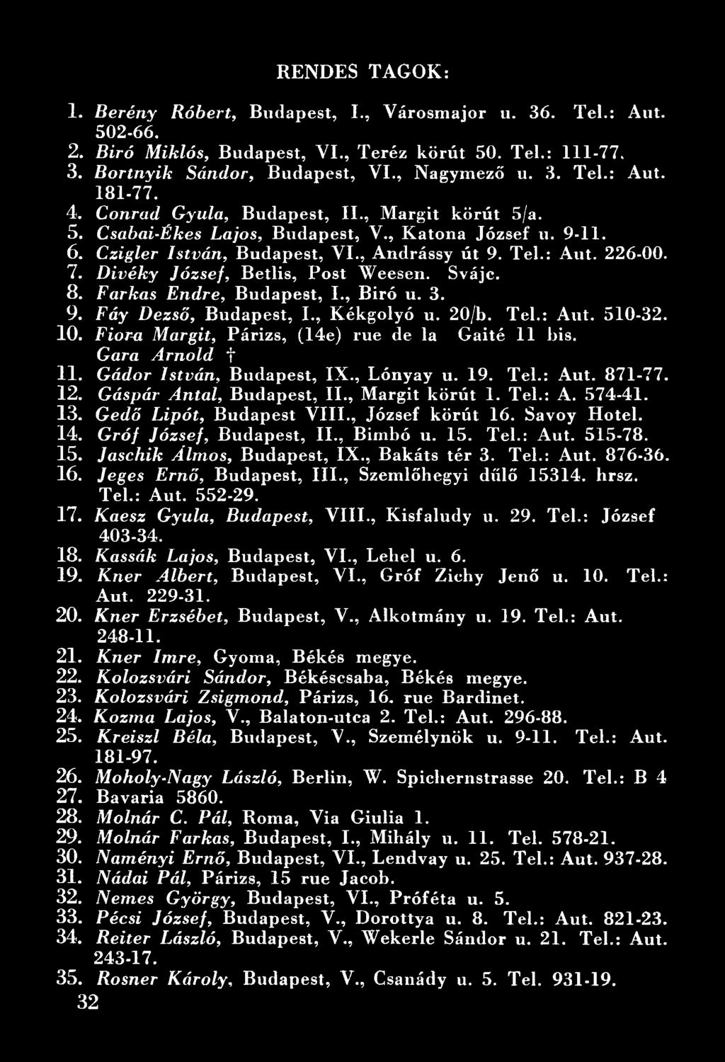 13. Gedő Lipót, Budapest VIII., József körút 16. Savoy Hotel. 14. Gróf József, Budapest, II., Bimbó u. 15. Tel.: Aut. 515-78. 15. Jaschik Álmos, Budapest, IX., Bakáts tér 3. Tel.: Aut. 876-36. 16. Jeges Ernő, Budapest, III.