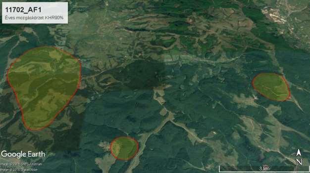 60 7. ábra - A 11702_AF1 azonosítñjú ivarérett koca éves mozgáskörzete KHR90% mñdszerrel Piros vonal: a KHR90% mñdszerrel számított mozgáskörzet kontúrja; Sárga kitöltés: a KHR90% területe.