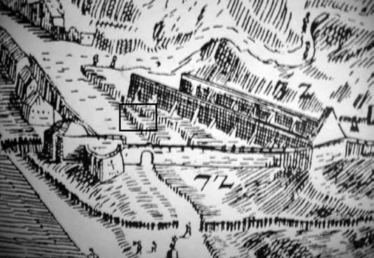 1. kép: Az ásatási terület tágabb környezete N. M. de La Vigne rézmetszetén (1686) Fig. 1: The wider area of the excavation site on an engraving by N. M. de La Vigne (1686) ezt a helyet szemelte ki.