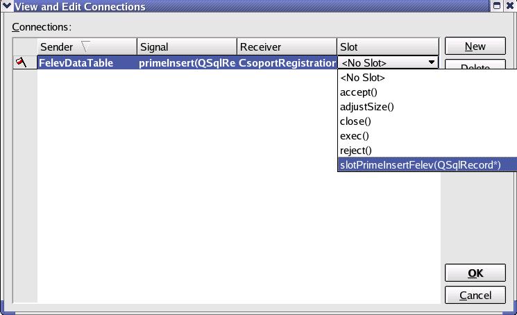 Receiver: CsoportRegistrationForm Slot: slotpprimeinsertfelev (QSqlrecord*) Sender: FelevDataTable Signal: