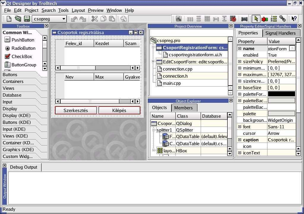 A QtDesigner ablakai ProjectOverview Toolbox