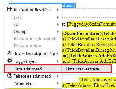 A listaelemeket az iratsablon adatmezők között a a rendszer. ikon jelöli.