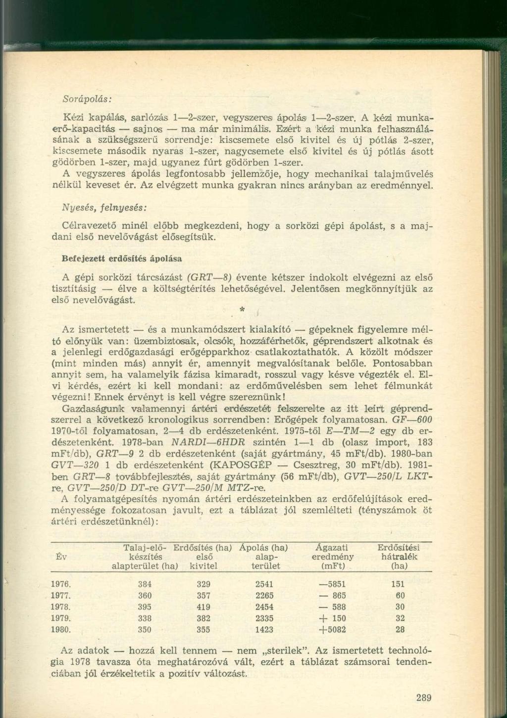 Sorápolás: Kézi kapálás, sarlózás 1 2-szer, vegyszeres ápolás 1 1 2-szer. A kézi munkaerő-kapacitás sajnos ma már minimális.