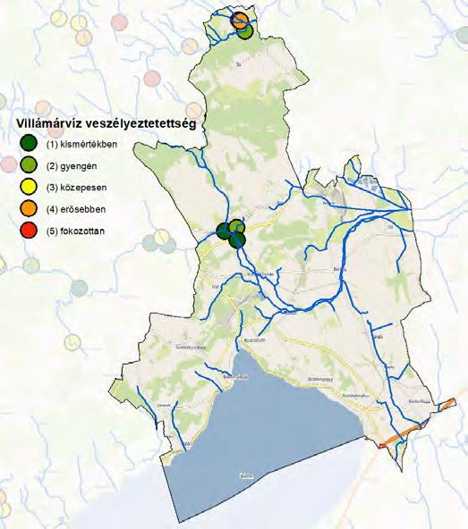 38. ábra: Villámárvíz veszélyeztetettség Forrás: Nemzeti Alkalmazkodási Térinformatikai Rendszer A Bakony térségében 2014., 2016. és 2018.