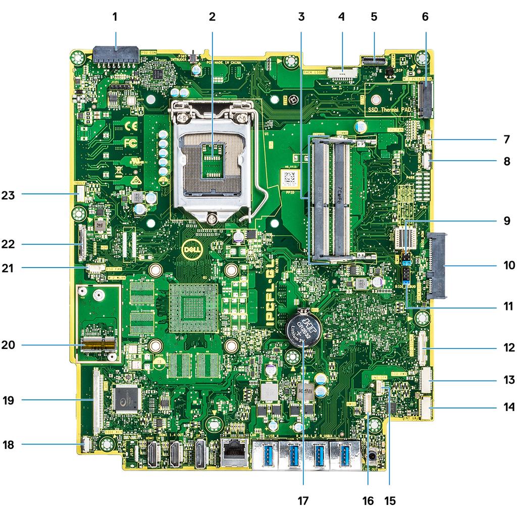 1. Tápegység tápcsatlakozója 2. Processzor 3. Memóriafoglalatok 4. Háttérvilágítás-csatlakozó 5. Webkamera-csatlakozó 6. M.2 PCIe-/SATA-foglalat 7. Rendszerventilátor csatlakozó 8. LPC_Debug 9.