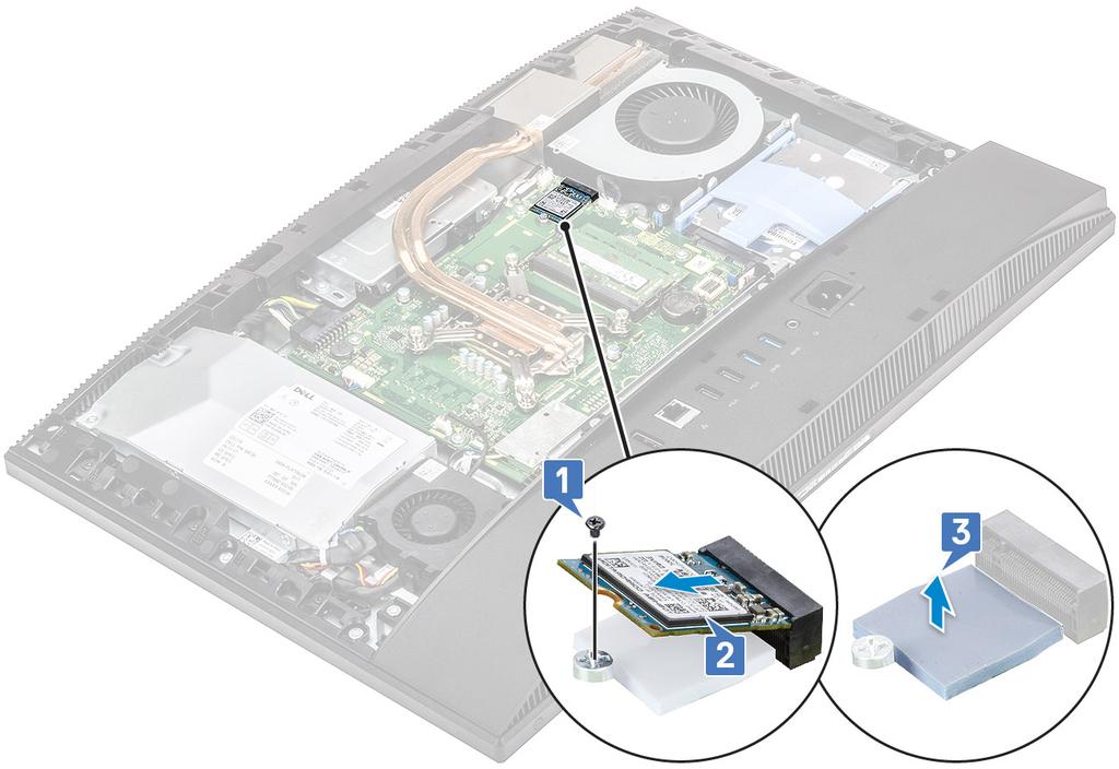 A 2230-as SSD-kártya beszerelése 1. Cserélje ki az alaplap négyszögletű jelzéssel jelölt helyén található hővezető lapot [1]. 2. Az SSD-kártyát helyezze az alaplapon lévő foglalatba [2].