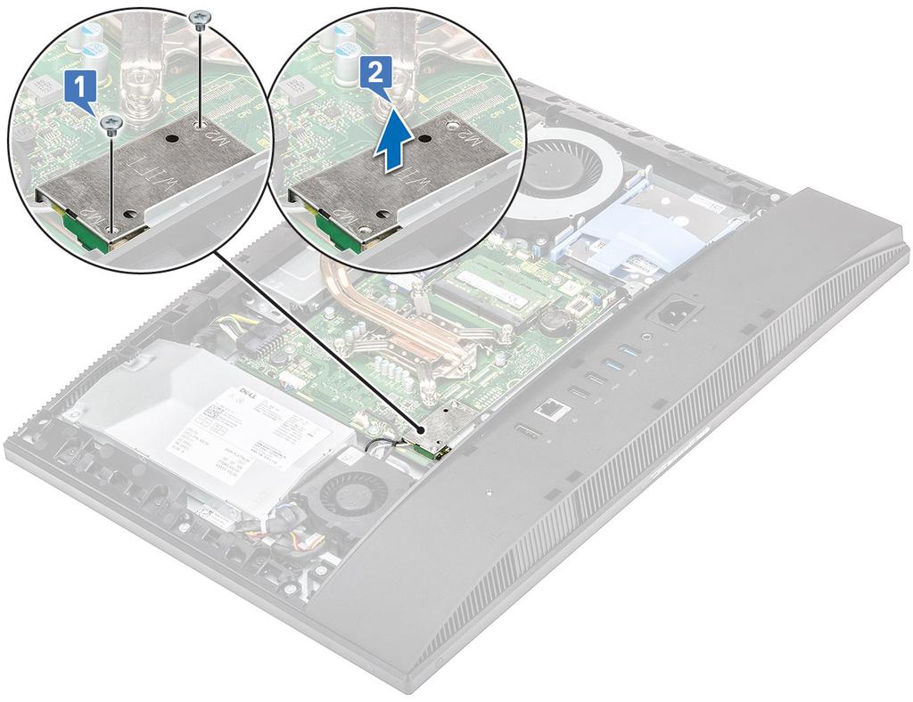 4. A WLAN-kártya eltávolítása: a) Távolítsa el a csavart (M2x2.5), amely a WLAN-kártya tartókeretét és a WLAN-kártyát az alaplaphoz rögzíti [1].