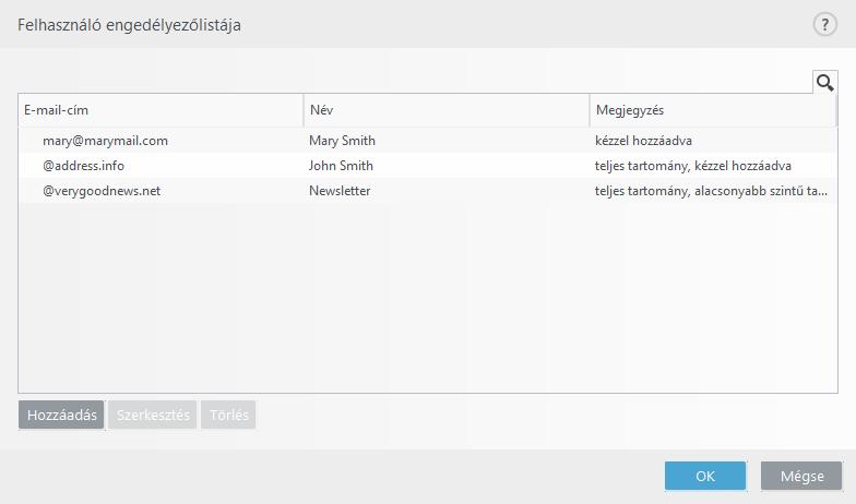 címeket, amelyek biztonságosnak számítanak, és amelyekről a felhasználó meg szeretné kapni az üzeneteket.