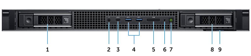 2 Ház áttekintése Elölnézet 1. Merevlemez-foglalat 0 2. Audioport 3. USB Type-C 3.1 Gen2 port 4. USB Type-A 3.