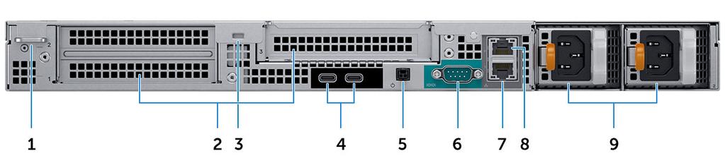 Szervizcímke Hátulnézet 1. Lakatgyűrű 2. Bővítőkártya foglalatok 3. Biztonsági kábel foglalata 4. USB Type-C 3.