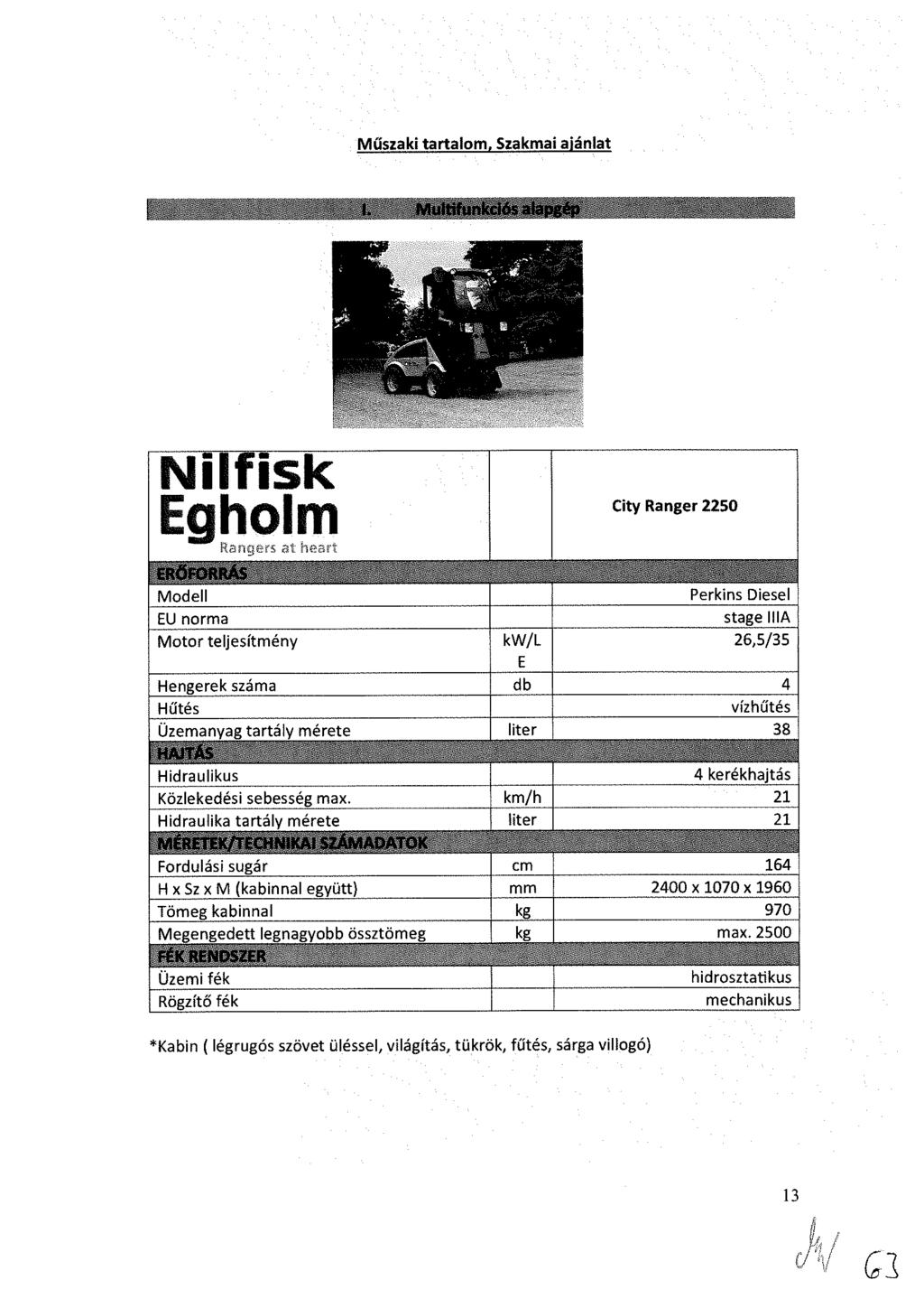 Műszaki tartalom, Szakmai ajánlat Nilfisk City Ranger 2250 Rangers at heart Modell Perkins Diesel EU norma stage IIIA Motor teljesítmény kw/l 26,5/35 E Hengerek száma db 4 Hűtés vízhűtés Üzemanyag