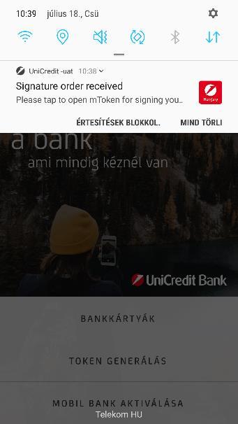 Megbízás aláírása push-tan funkcióval az UniCredit Bank internetes