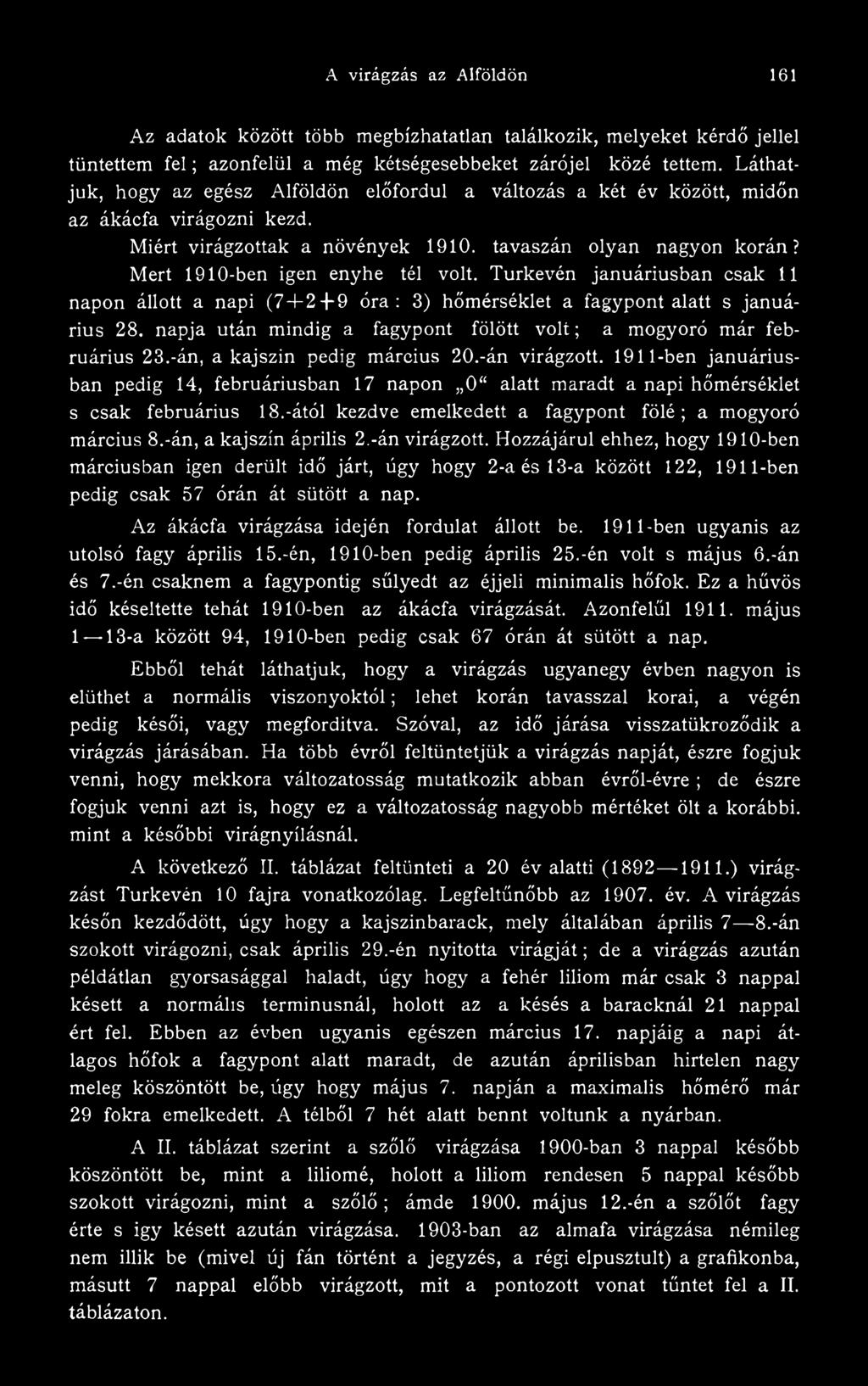 Mert 1910-ben igen enyhe tél volt. Turkevén januáriusban csak 11 napon állott a napi ( 7 + 2 + 9 ó ra: 3) hőmérséklet a fagypont alatt s januárius 28.