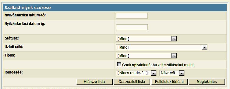 78. kép A keresési ablakban a keresendő szálláshely jellemző adatait lehet beállítani (név, nyilvántartási szám, státusz, típus, település, cím).