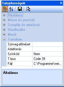 Tartalom Az egyes elemek tartalma. Szöveg-előnézet Adatforrás Színkód Típus - Az elem szövegtartalma. - Csak szövegmezőknél és vonalkódoknál.