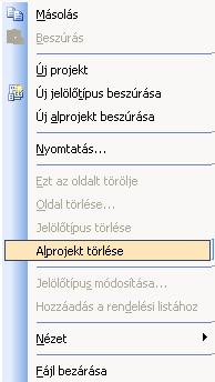 Alprojekt eltávolítása Kattintson az eltávolítani kívánt altípusra, majd nyomja meg a jobb egérgombot.