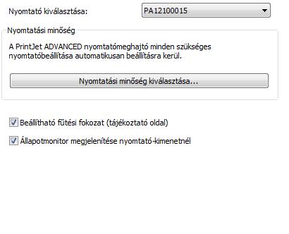 PrintJet ADVANCED Általános A kiválasztott PrintJet ADVANCED nyomtatási opcióinak