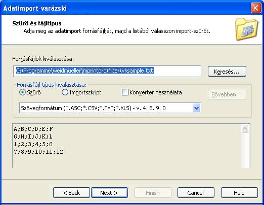 Az adatimport-varázsló beállításai Válassza ki a vksample.txt forrásfájlt. Pipálja ki a Konverter használatát, majd kattintson a Bővebben.