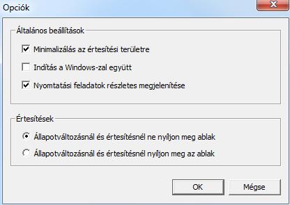 Állapotmonitor beállításai A állapotmonitor Nyomtató -> Opciók menüpontjában többek között az alábbi beállításokat végezheti el: Ikon-méretűre zsugorítás az értesítési területre Az ablak