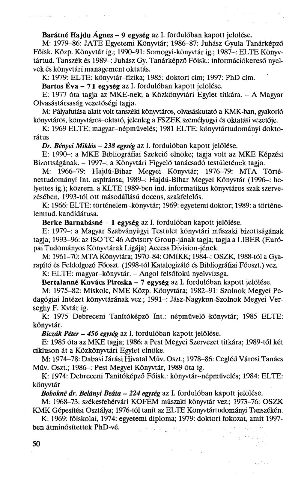 Barátné Hajdú Ágnes - 9 egység az I. fordulóban kapott jelölése. M: 1979-86: JATE Egyetemi Könyvtár; 1986-87: Juhász Gyula Tanárképző Főisk. Közp. Könyvtár ig.; 1990-91: Somogyi-könyvtár ig.