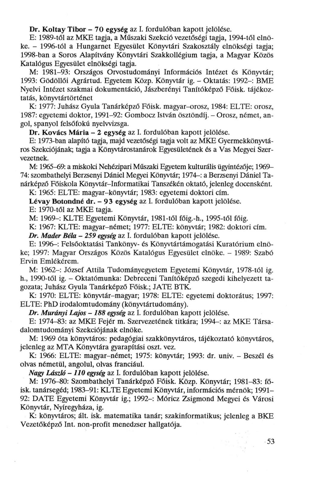 Dr. Koltay Tibor - 70 egység az I. fordulóban kapott jelölése. E: 1989-től az MKE tagja, a Műszaki Szekció vezetőségi tagja, 1994-től elnöke.