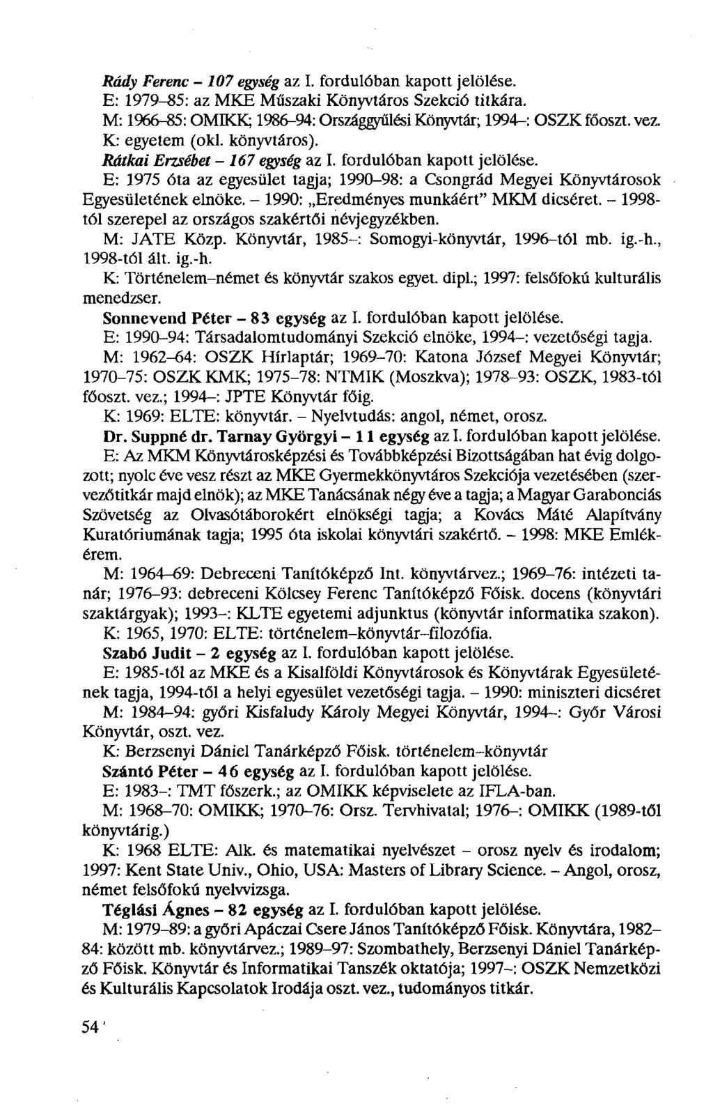 Rády Ferenc -107 egység az I. fordulóban kapott jelölése. E: 1979-85: az MKE Műszaki Könyvtáros Szekció titkára. M: 1966-85: OMIKK; 1986-94: Országgyűlési Könyvtár; 1994-: OSZKfőoszt. vez.