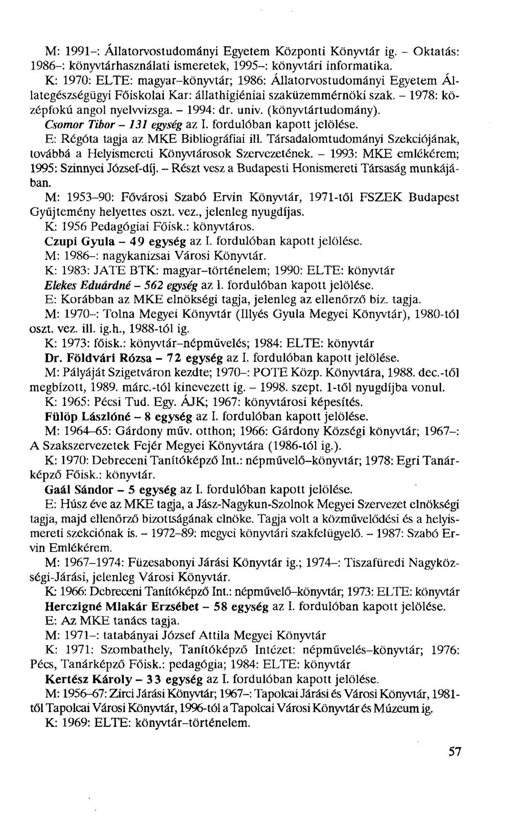 M: 1991-: Állatorvostudományi Egyetem Központi Könyvtár ig. - Oktatás: 1986-: könyvtárhasználati ismeretek, 1995-: könyvtári informatika.