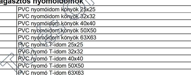 390 495 PVCT63NY PVC nyomó T-idom 63X63 560 711 PVCE25NY PVC nyomóidom toldó 25x25 110 140 PVCE32NY PVC nyomóidom toldó 32x32 150 191 PVCE40NY PVC nyomóidom toldó 40x40 200 254 PVCE50NY PVC nyomóidom