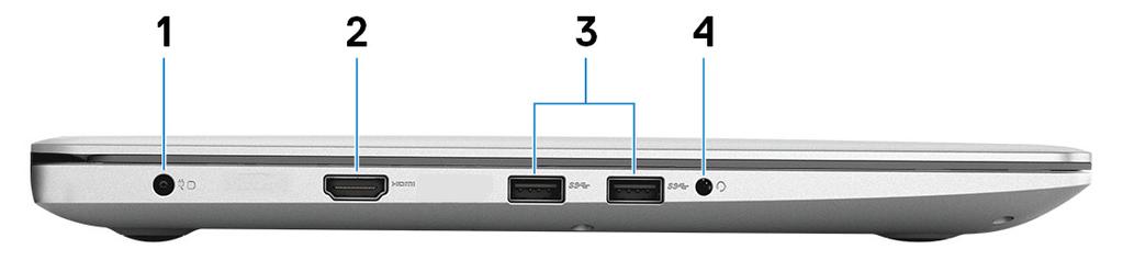 3 Biztonságikábel-nyílás (ék alakú) Bal Egy biztonsági kábelt csatlakoztatva előzheti meg a számítógép eltulajdonítását. 1 Tápadapterport A gép tápellátásához csatlakoztasson egy adaptert.