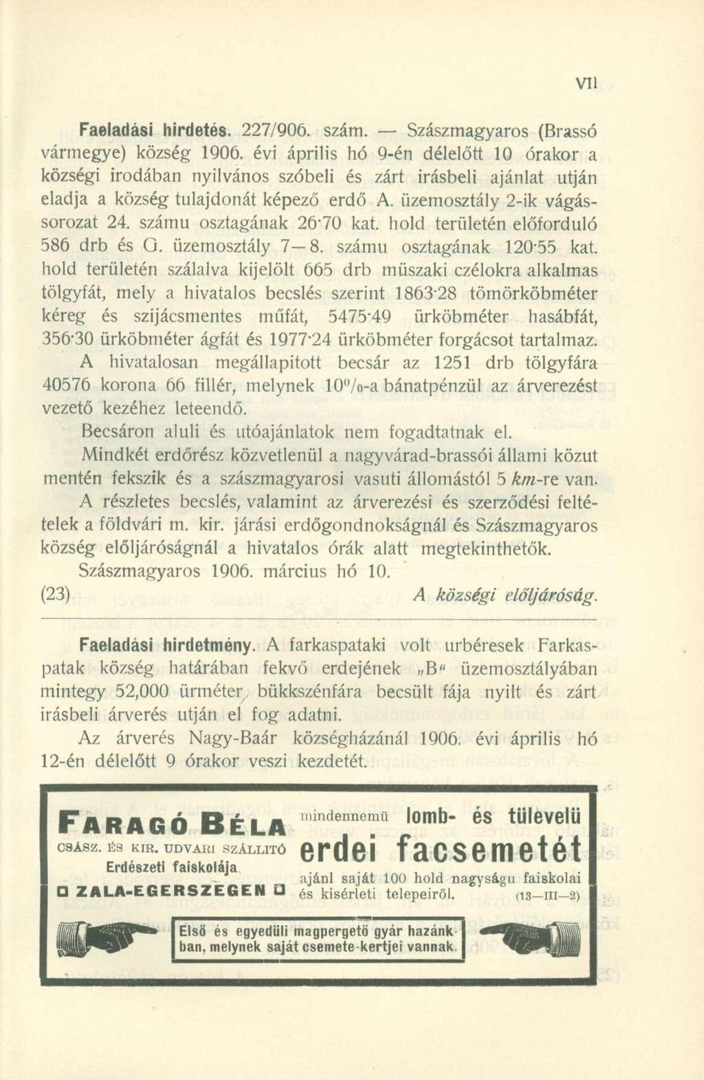 Faeladási hirdetés. 227/906. szám. Szászmagyaros (Brassó vármegye) község 1906.