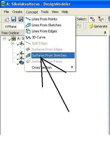 a ábra) kilépünk a vázlatrajzolásból, majd a Concept/Surfaces from sketches parancsot kiadjuk