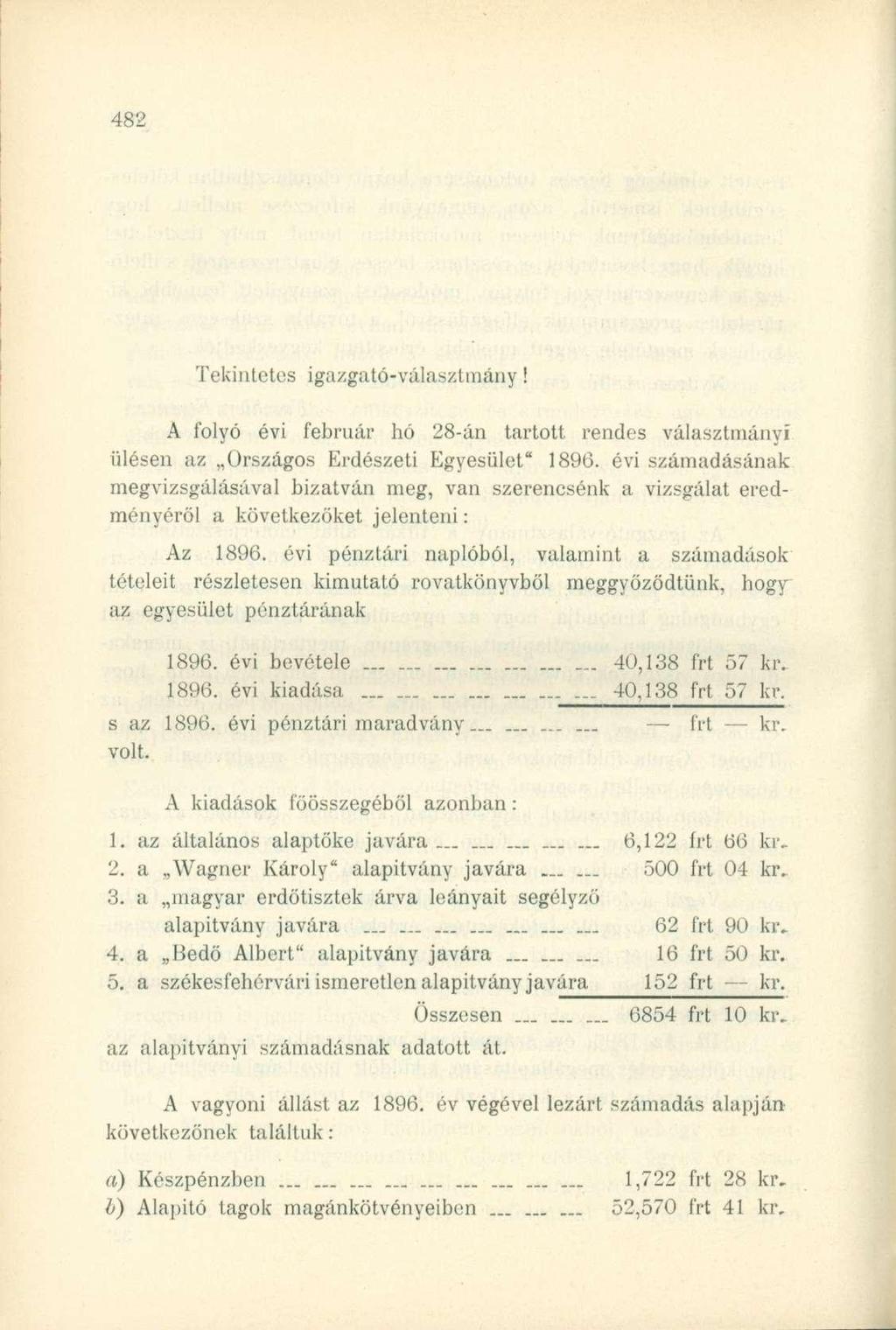 Tekintetes igazgató-választmány! A folyó évi február hó 28-án tartott rendes választmányi ülésen az Országos Erdészeti Egyesület" 1896.