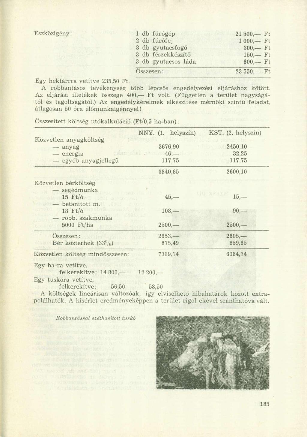 Eszközigény: 1 db fúrógép 21 500 Ft 2 db fúrófej 1 000 Ft 3 db gyutacsfogó 300 Ft 3 db fészekkészítő 150, Ft 3 db gyutacsos láda 600, Ft Összesen: 23 550 Ft Egy hektárrra vetítve 235,50 Ft.