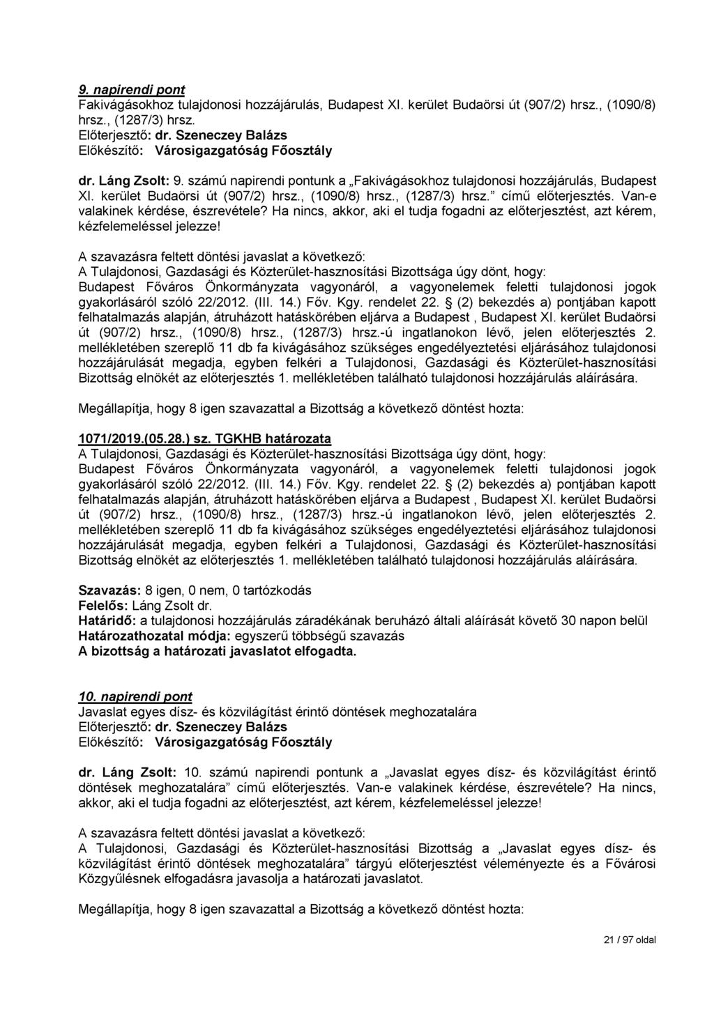 9. napirendi pont Fakivágásokhoz tulajdonosi hozzájárulás, Budapest XI. kerület Budaörsi út (907/2) hrsz., (1090/8) hrsz., (1287/3) hrsz. Előterjesztő: dr.