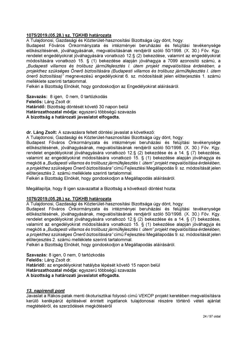 1075/2019.(05.28.) sz. TGKHB határozata Budapest Főváros Önkormányzata és intézményei beruházási és felújítási tevékenysége előkészítésének, jóváhagyásának, megvalósításának rendjéről szóló 50/1998.