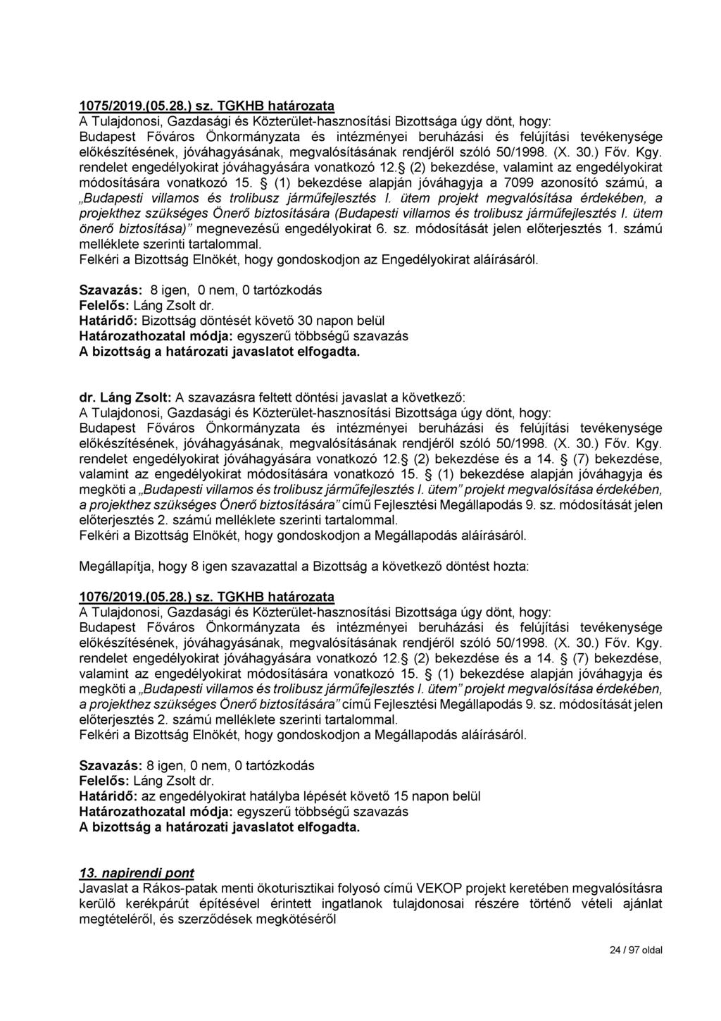 1075/2019.(05.28.) sz. TGKHB határozata Budapest Főváros Önkormányzata és intézményei beruházási és felújítási tevékenysége előkészítésének, jóváhagyásának, megvalósításának rendjéről szóló 50/1998.