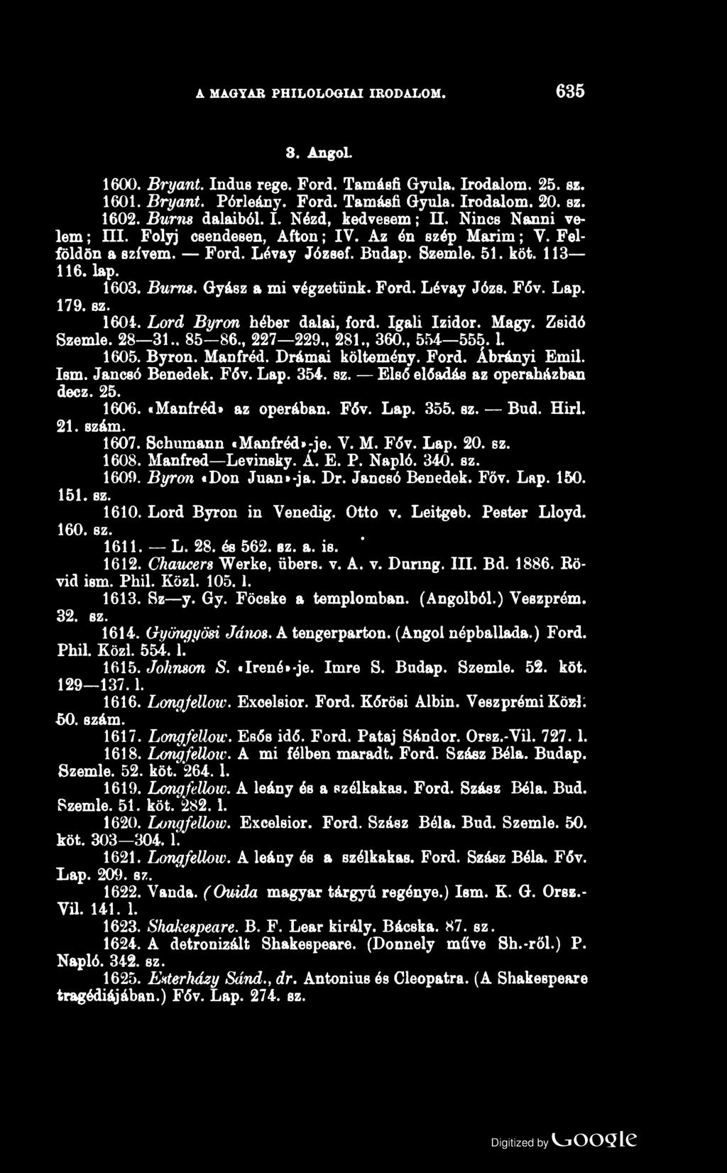 A MAGYAR PHILOLOGIAI IRODALOM. 635 3. Angol. 1600. Bryant. Indus rege. Ford. Tamásfi Gyula. Irodalom. 25. sz. 1601. Bryant. Pórleány. Ford. Tamásfi Gyula. Irodalom. 20. sz. 1602. Burns dalaiból. I. Nézd, kedvesem; II.