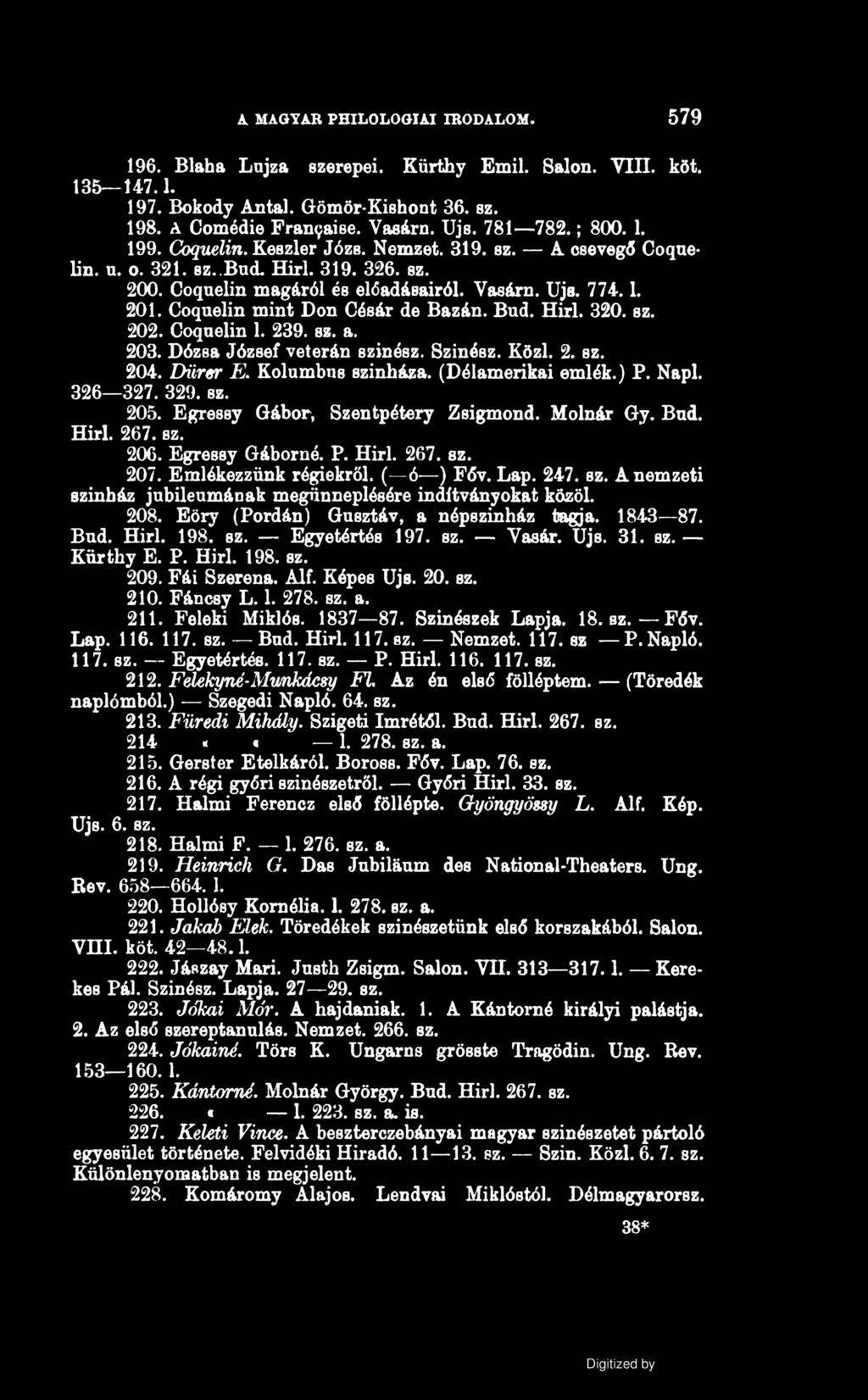 A. MAGYAR PHILOLOGIAI IRODALOM. 579 196. Blaha Lujza szerepei. Kürthy Emil. Sálon. Vili. köt. 135 147.1. 197. Bokody Antal. Gömör-Kishont 36. sz. 198. A Comédie Fra^aise. Vasára. Ujs. 781 782.; 800.