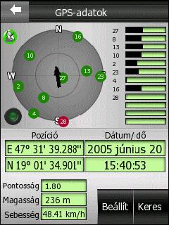 adatok gyûjteménye, valamint átlépési pont a GPS-kapcsolatot beállító ablakokra. 4.3.