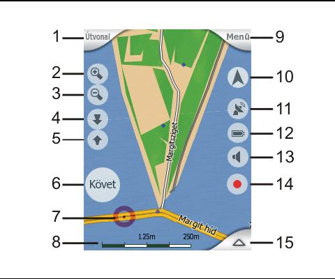 4.5 Térképképernyõk A térkép tartalmának ismertetése után most a térképképernyõk egyéb részeinek bemutatása következik. Két térképképernyõ van: a Térkép és a Vezetés képernyõk.