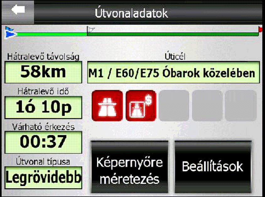 4.6.1 Az aktív útvonallal kapcsolatos adatok A képernyõ felsõ részén néhány adat látható az aktuális útvonallal