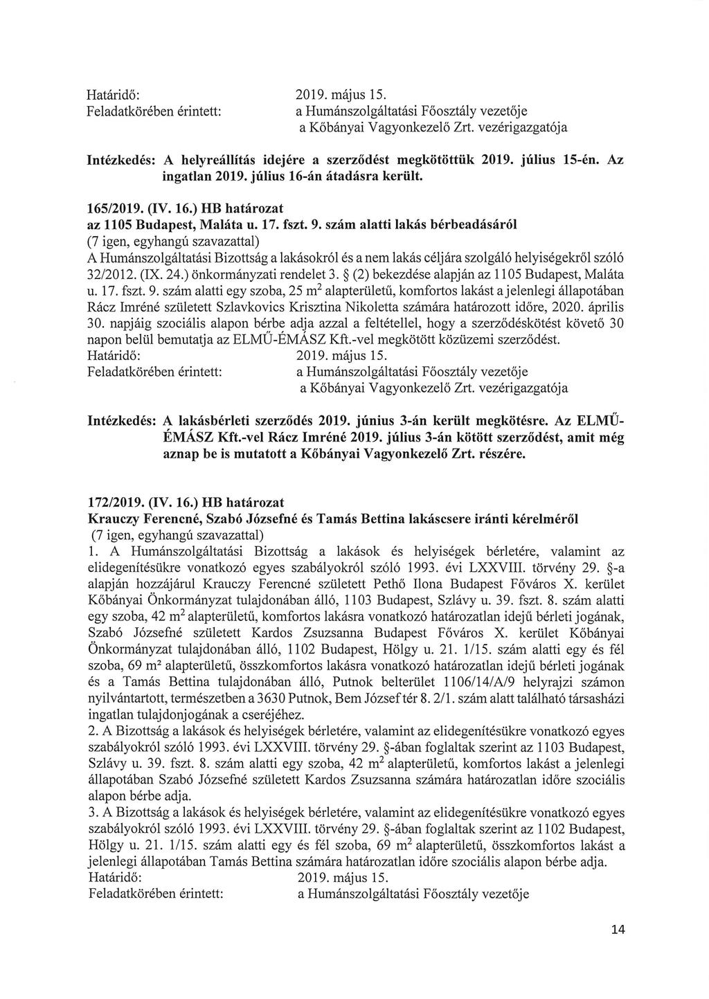 2019. május 15. Intézkedés: A helyreállítás idejére a szerződést megkötöttük 2019. július 15-én. Az ingatlan 2019. július 16-án átadásra került. 165/2019. (IV. 16.) HB határozat az 1105 Budapest, Maláta u.