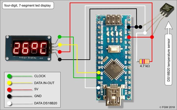 Digitális hőmérő Ez a projekt egy DS18B20 hőmérőt és egy négy digites TM1637 kijelző modult használ. A kijelzőt a TM1637Display könyvtár segítségével kezelik.