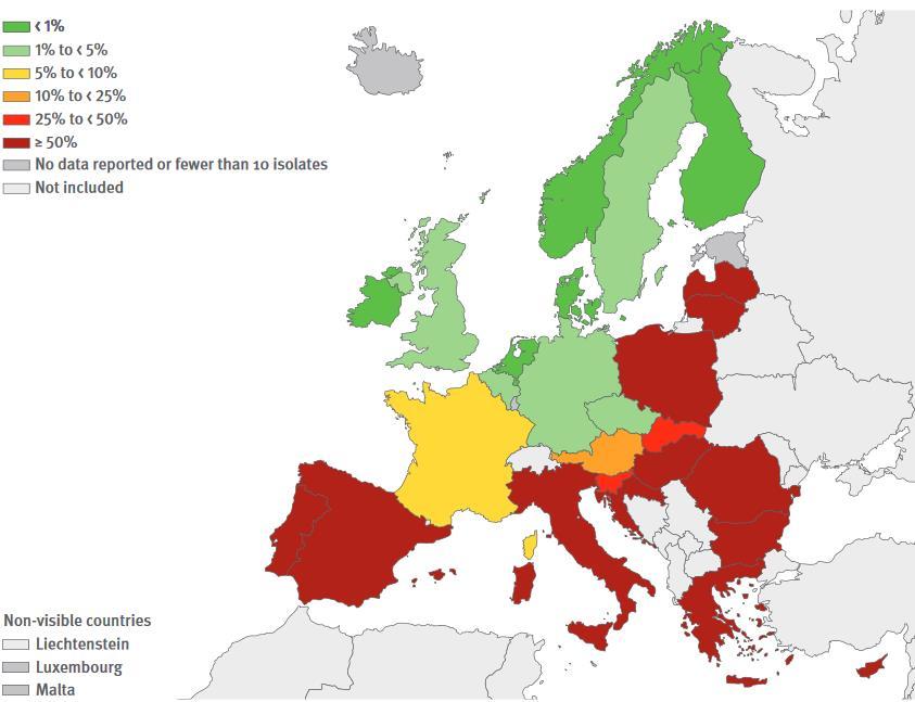 3. sz. ábra: Karbapenem antibiotikumokkal szemben rezisztens Acinetobacter törzsek aránya az Európai Unió országaiban, 2016. (ECDC, 2017) 2.10.1.2.3 Az A. baumannii biofilm képző képessége Az A.