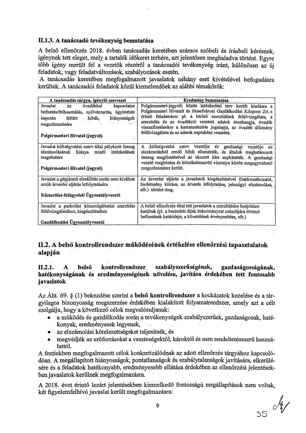 11.1.3. A tanácsadó tevékenység bemutatása A belső ellenőrzés 2018.